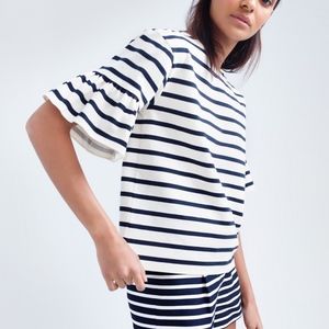 J.Crew Ruffle Sleeve Top, Sz XS in Navy/White